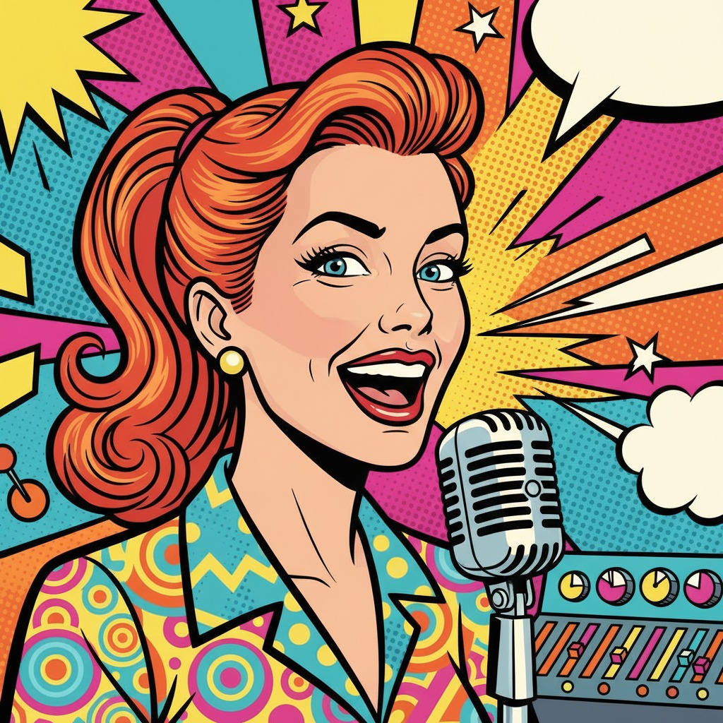 retro pop art cartoon of gilr talking in radio show, no text, close up, her hair is half up on her head and she has red lipstick and talking into mic